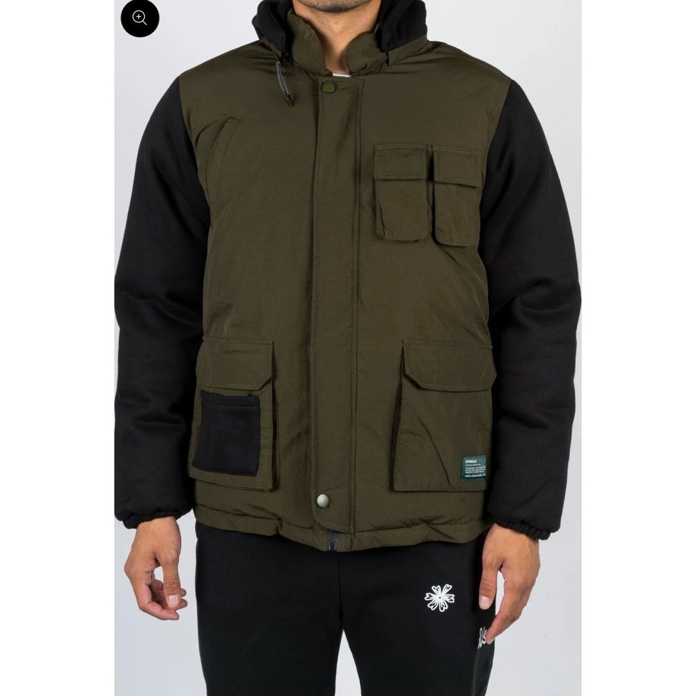Afield Out Resource Utility Down Jacket Mens Large Green Black Hooded Outdoor